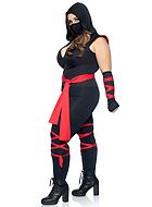 Kvinnlig ninja (aka kunoichi), jumpsuit-dräkt med djup urringning och midjeband, plus size